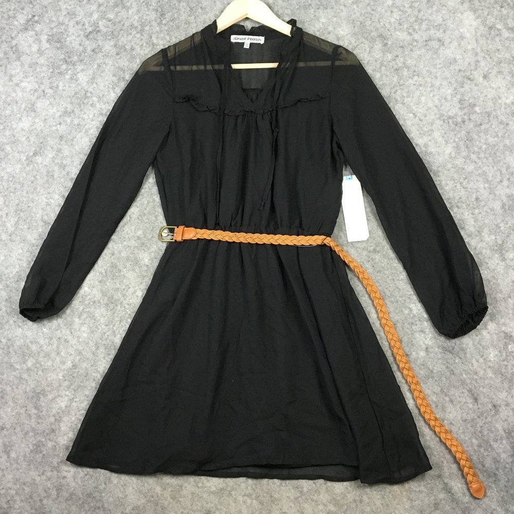 Almost Famous Dress S Long Sleeve Black Chiffon Belted A Line V Neck Casual